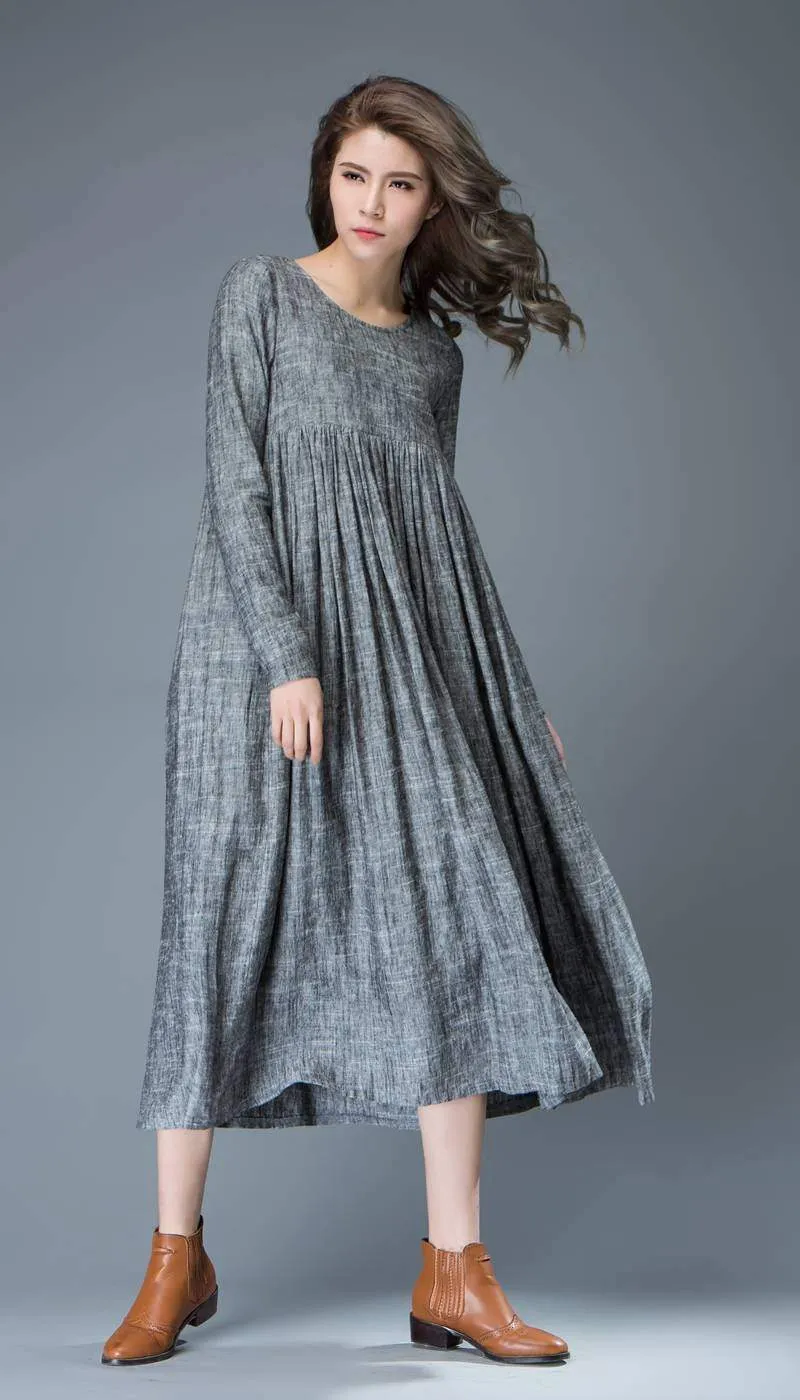 Casual Gray Dress - Comfortable Linen Loose-Fitting Long Sleeved Everday Marl Grey Midi-Length Woman's Dress C808