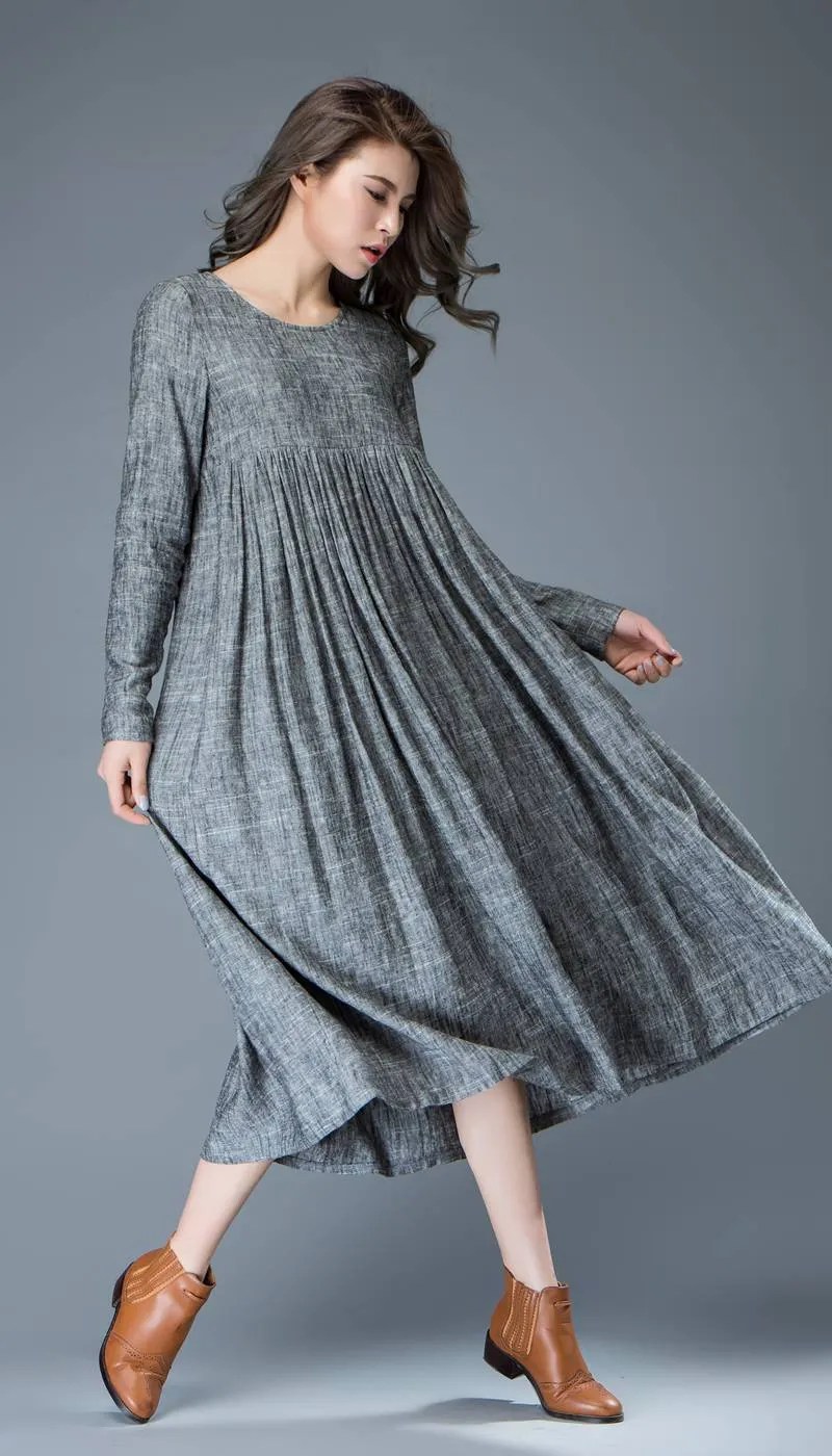 Casual Gray Dress - Comfortable Linen Loose-Fitting Long Sleeved Everday Marl Grey Midi-Length Woman's Dress C808