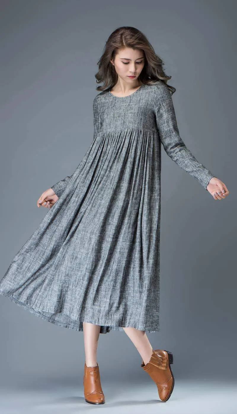 Casual Gray Dress - Comfortable Linen Loose-Fitting Long Sleeved Everday Marl Grey Midi-Length Woman's Dress C808