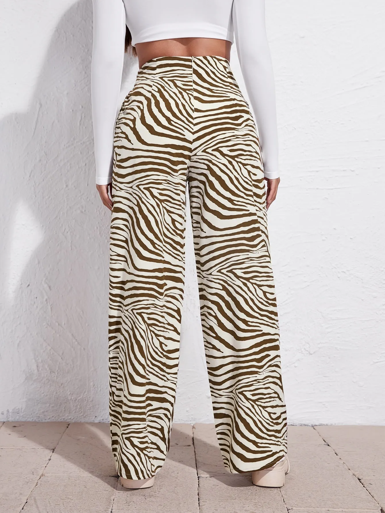 Casual Zebra Stripe Zipper High Waist Long Women Pants