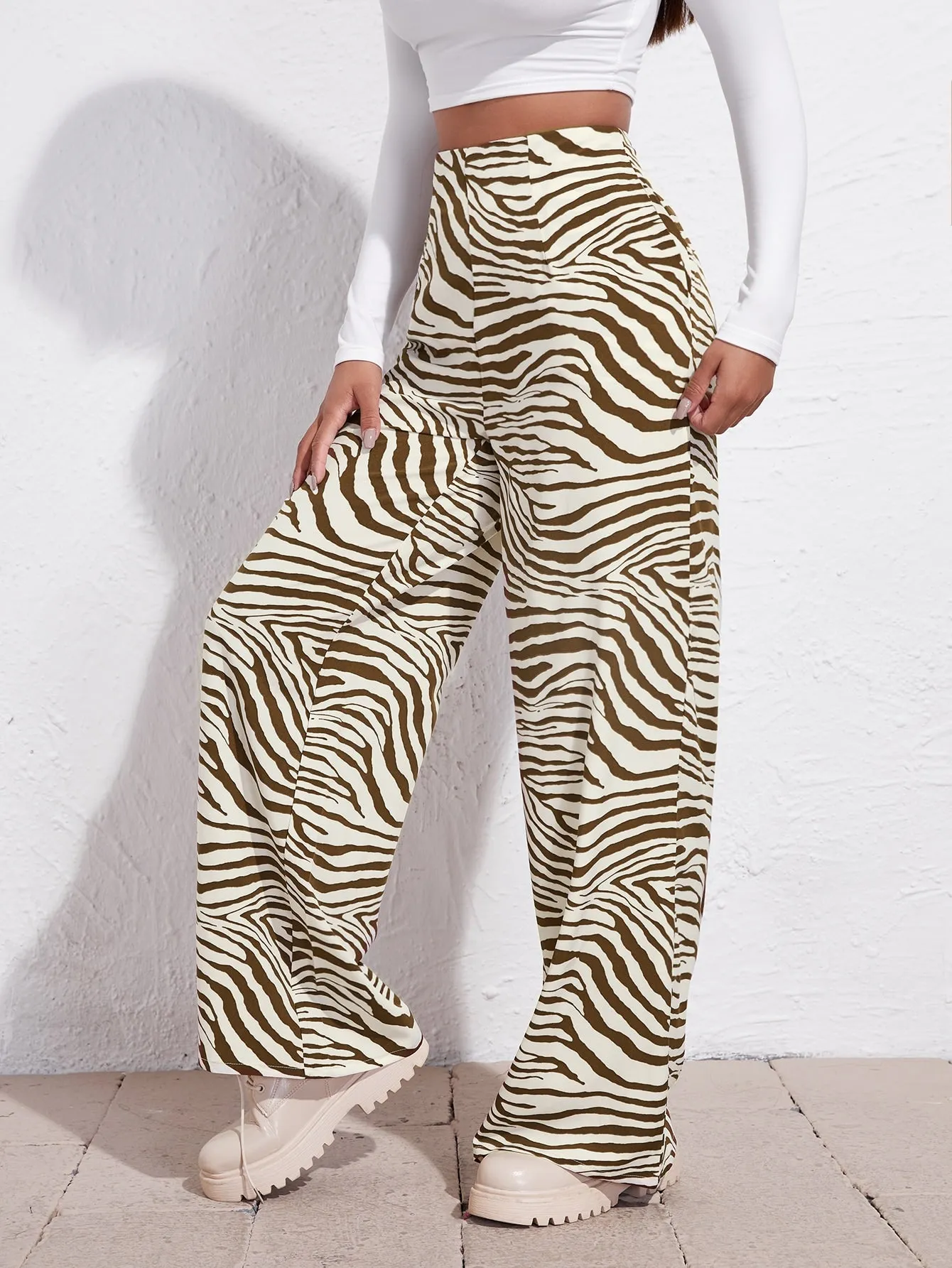 Casual Zebra Stripe Zipper High Waist Long Women Pants