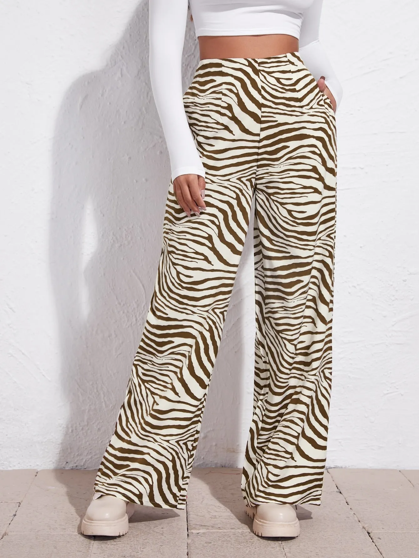 Casual Zebra Stripe Zipper High Waist Long Women Pants