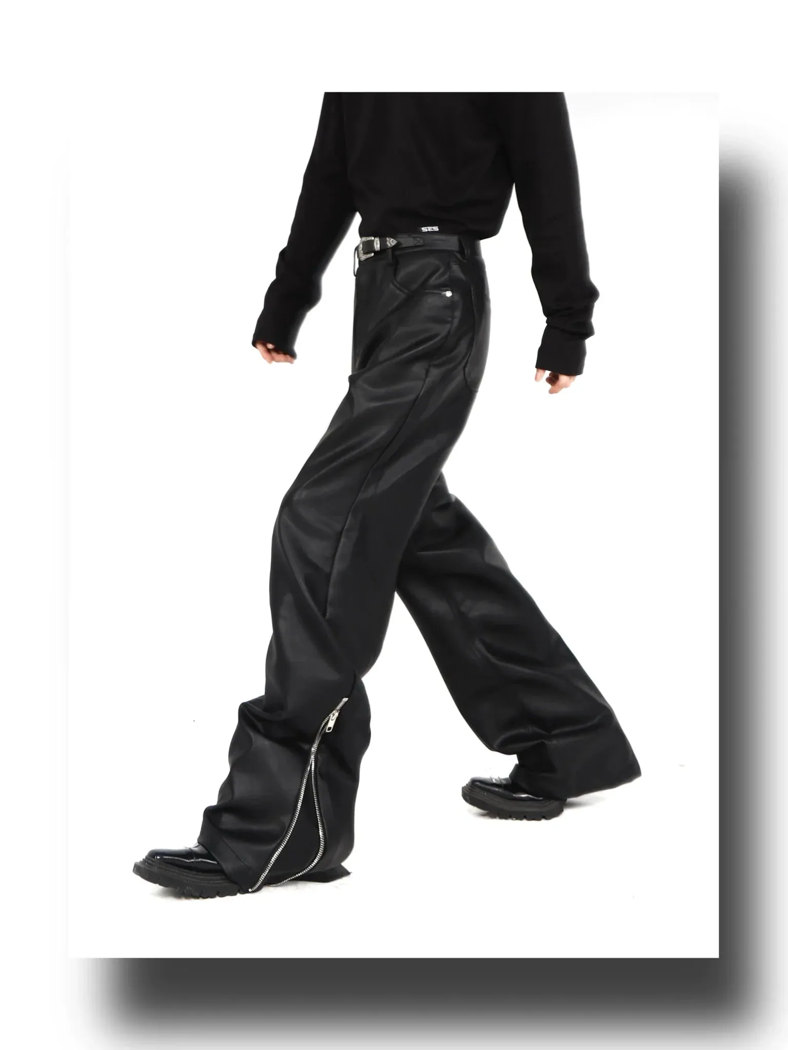 Chic Faux Leather Wide-Leg Pants with Zipper Split and Metal Buckle