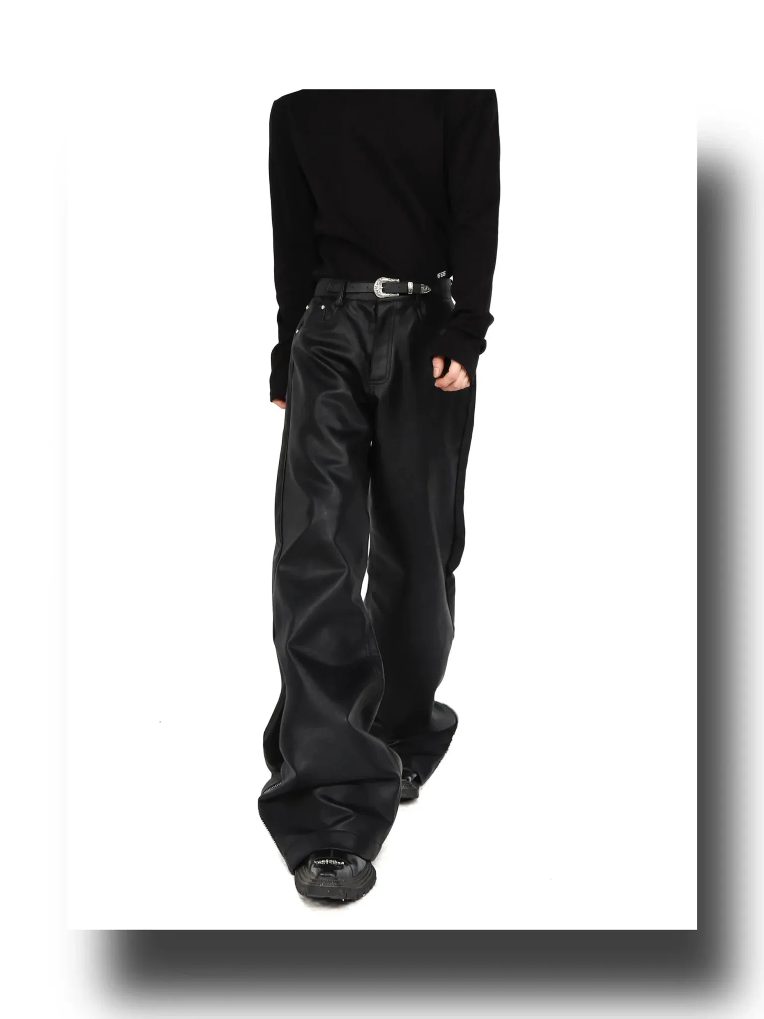 Chic Faux Leather Wide-Leg Pants with Zipper Split and Metal Buckle