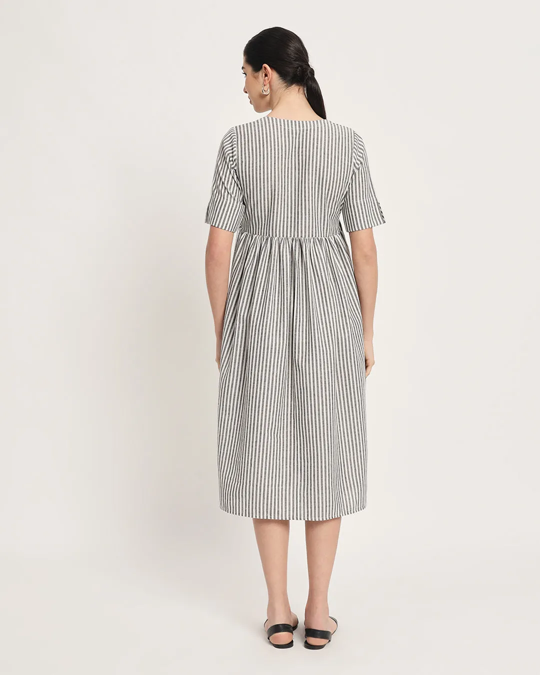 Classic Black & White Stripes V-Neck Gathered Cotton Dress