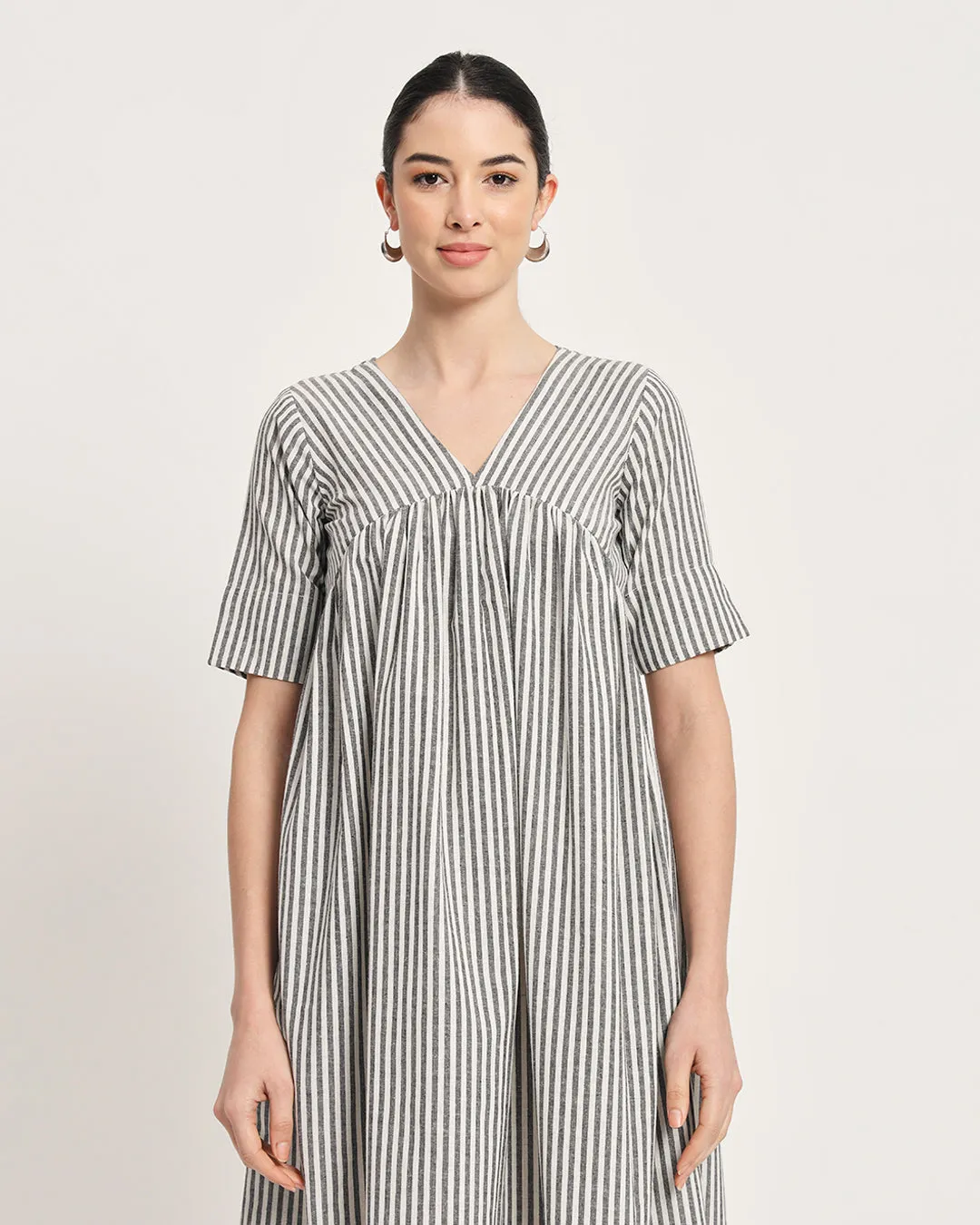 Classic Black & White Stripes V-Neck Gathered Cotton Dress