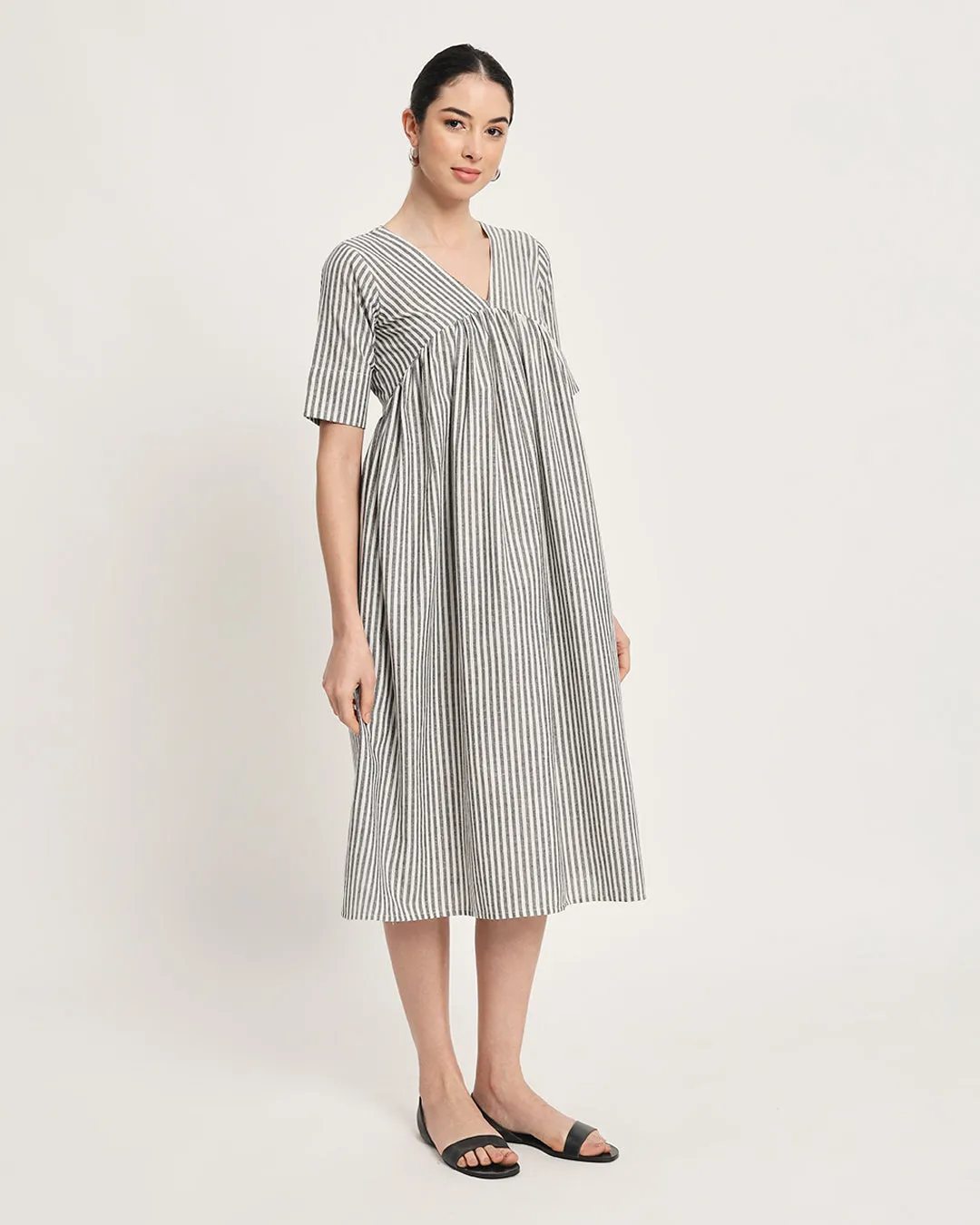 Classic Black & White Stripes V-Neck Gathered Cotton Dress