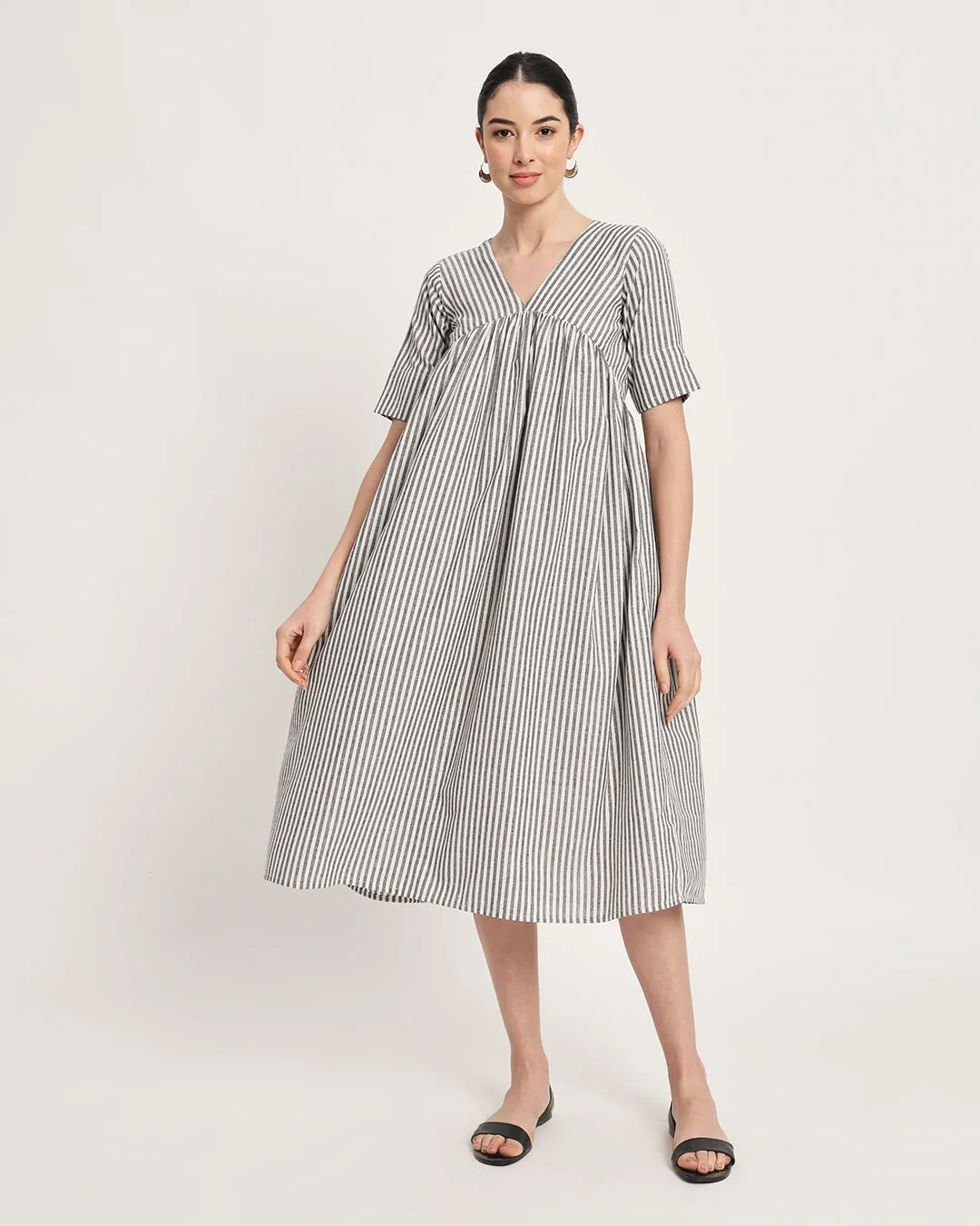 Classic Black & White Stripes V-Neck Gathered Cotton Dress