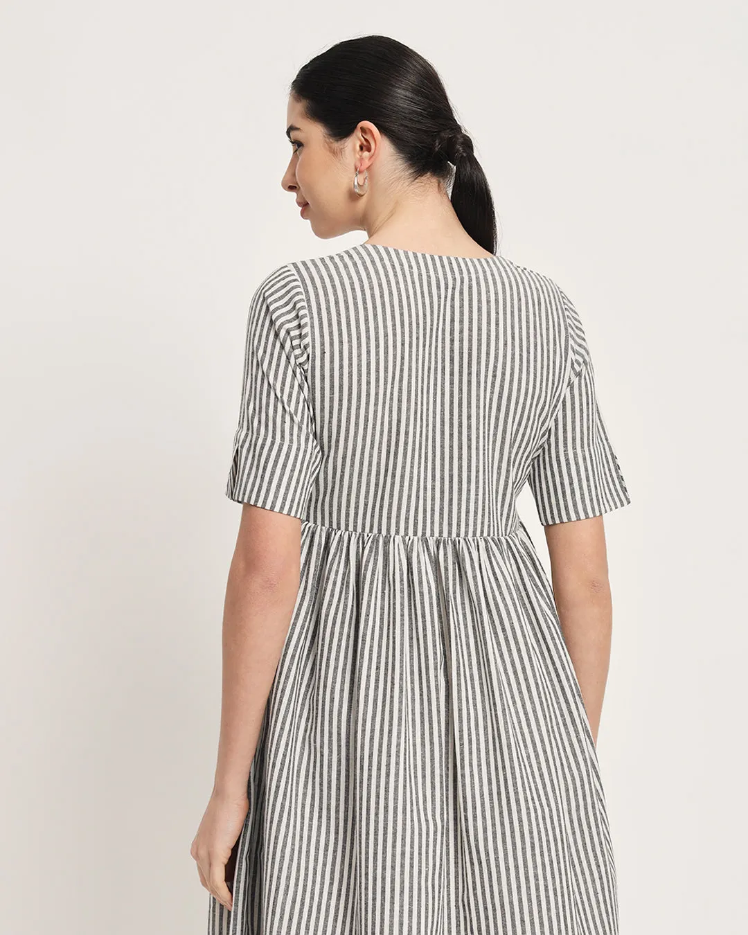 Classic Black & White Stripes V-Neck Gathered Cotton Dress