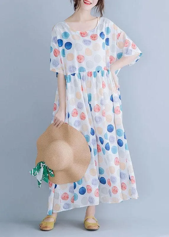 Classy white dotted cotton clothes Women o neck Cinched Maxi summer Dress