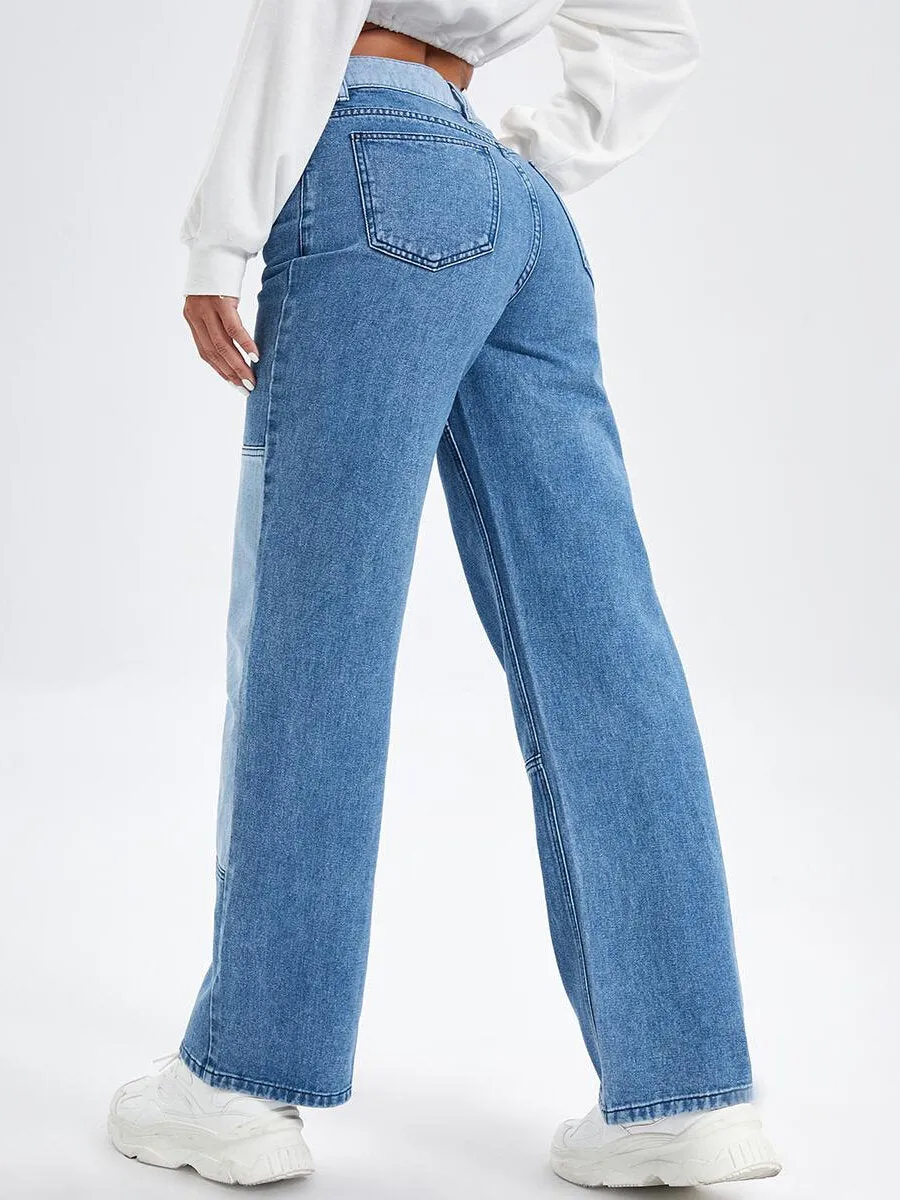 Colorblock Pocket Button Straight Leg Jeans