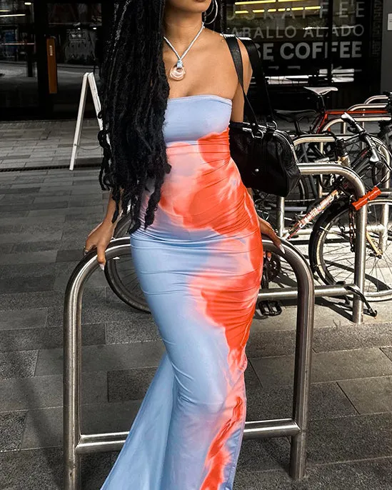 Contrast Color Printed Strapless Slit Slim Long Dress