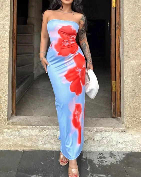 Contrast Color Printed Strapless Slit Slim Long Dress