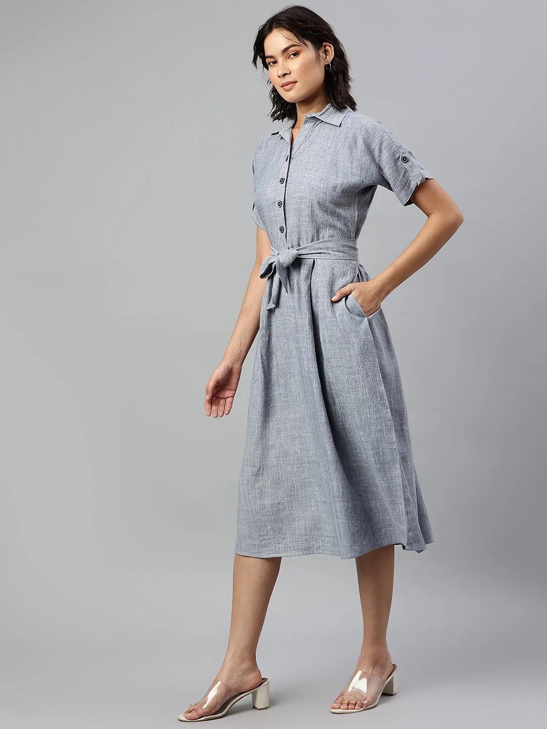 Cottinfab Blue Shirt Midi Dress