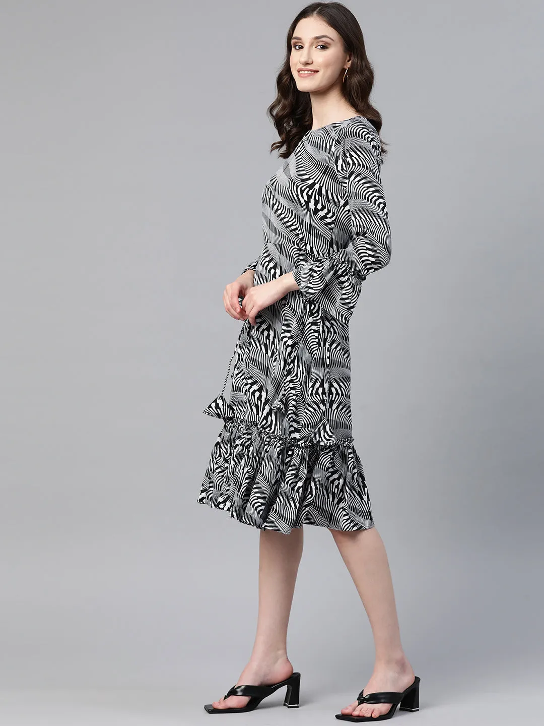 Cottinfab Printed Bell Sleeves Tiered Crepe Dress With Tie-Ups Detail