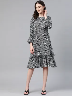 Cottinfab Printed Bell Sleeves Tiered Crepe Dress With Tie-Ups Detail