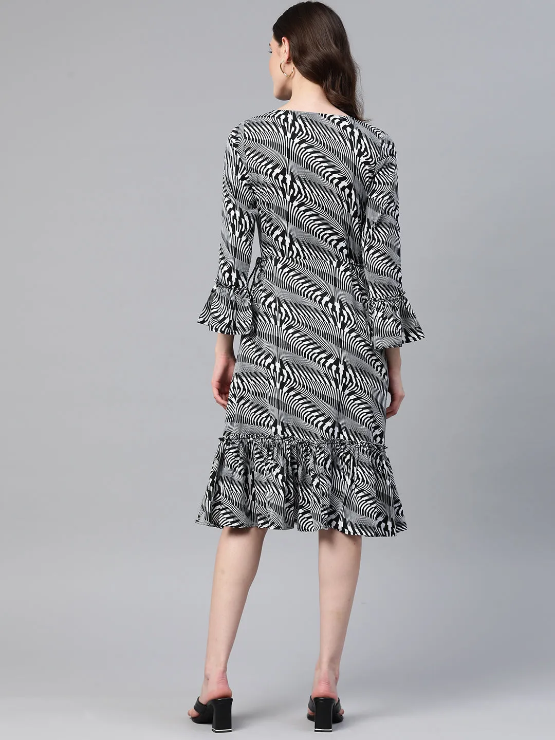 Cottinfab Printed Bell Sleeves Tiered Crepe Dress With Tie-Ups Detail