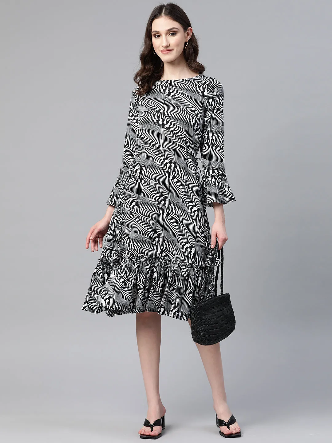 Cottinfab Printed Bell Sleeves Tiered Crepe Dress With Tie-Ups Detail