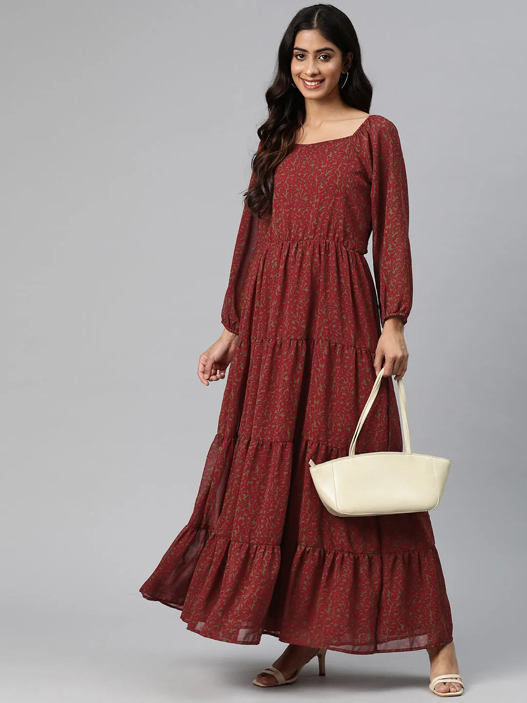 Cottinfab Women Floral Printed Puff Sleeved Georgette Maxi Dress