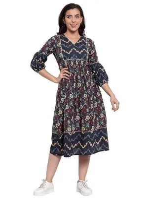 Cotton Purssine Geomatric Print A-Line Dress (Size-S) (COLOR-BLUE)