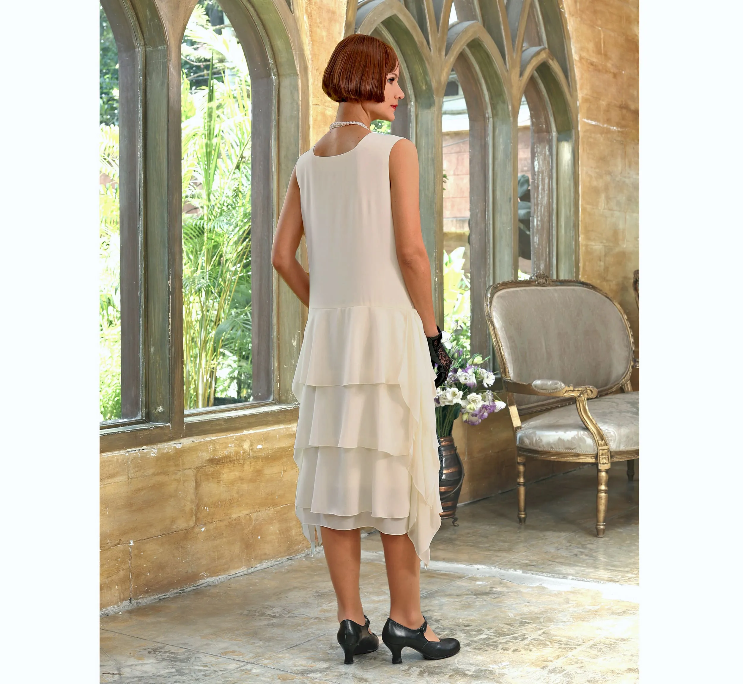 Cream Roaring 20s party dress with layered skirt