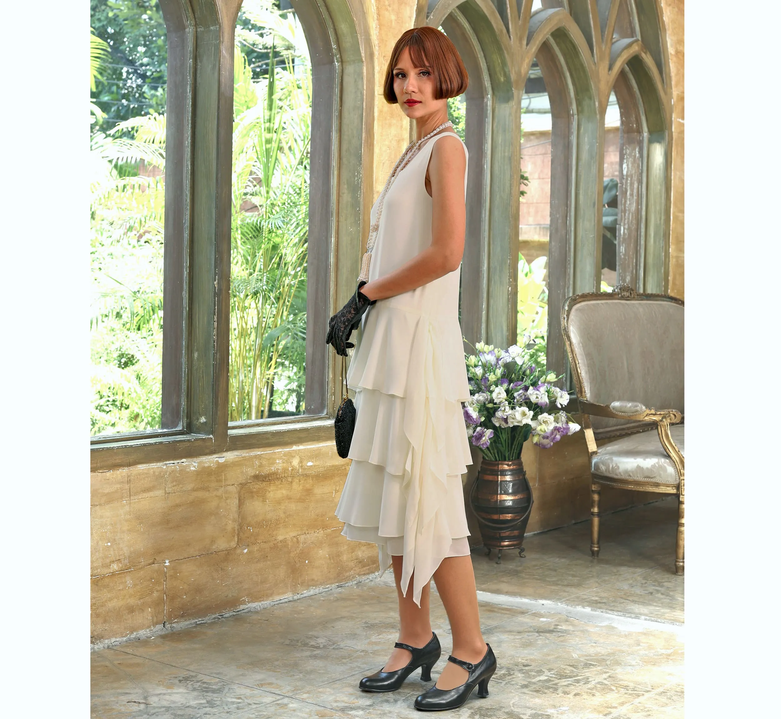 Cream Roaring 20s party dress with layered skirt