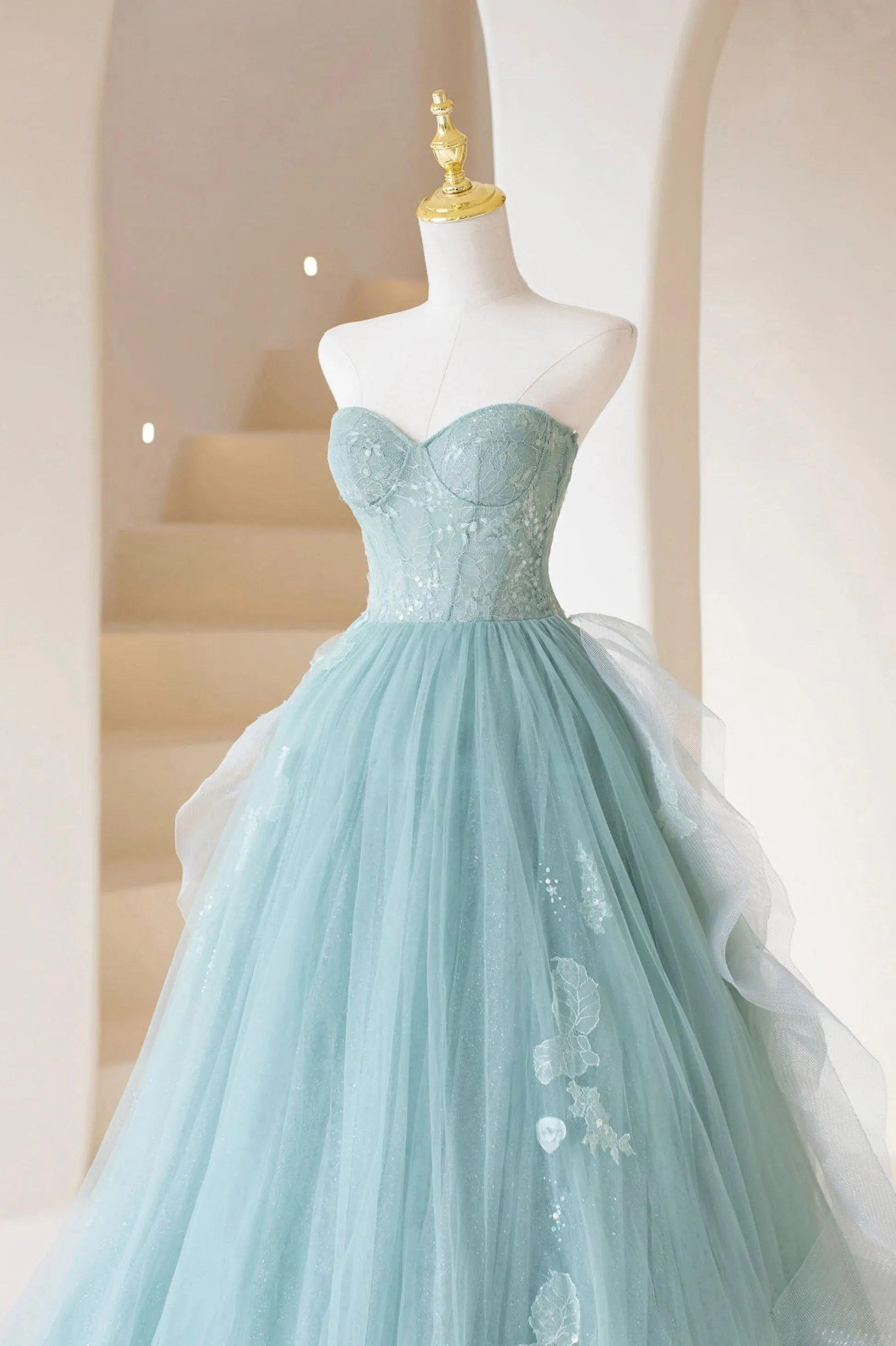 Cute Strapless Tulle Lace Long Prom Dress, A-Line Beautiful Lace Evening Dress