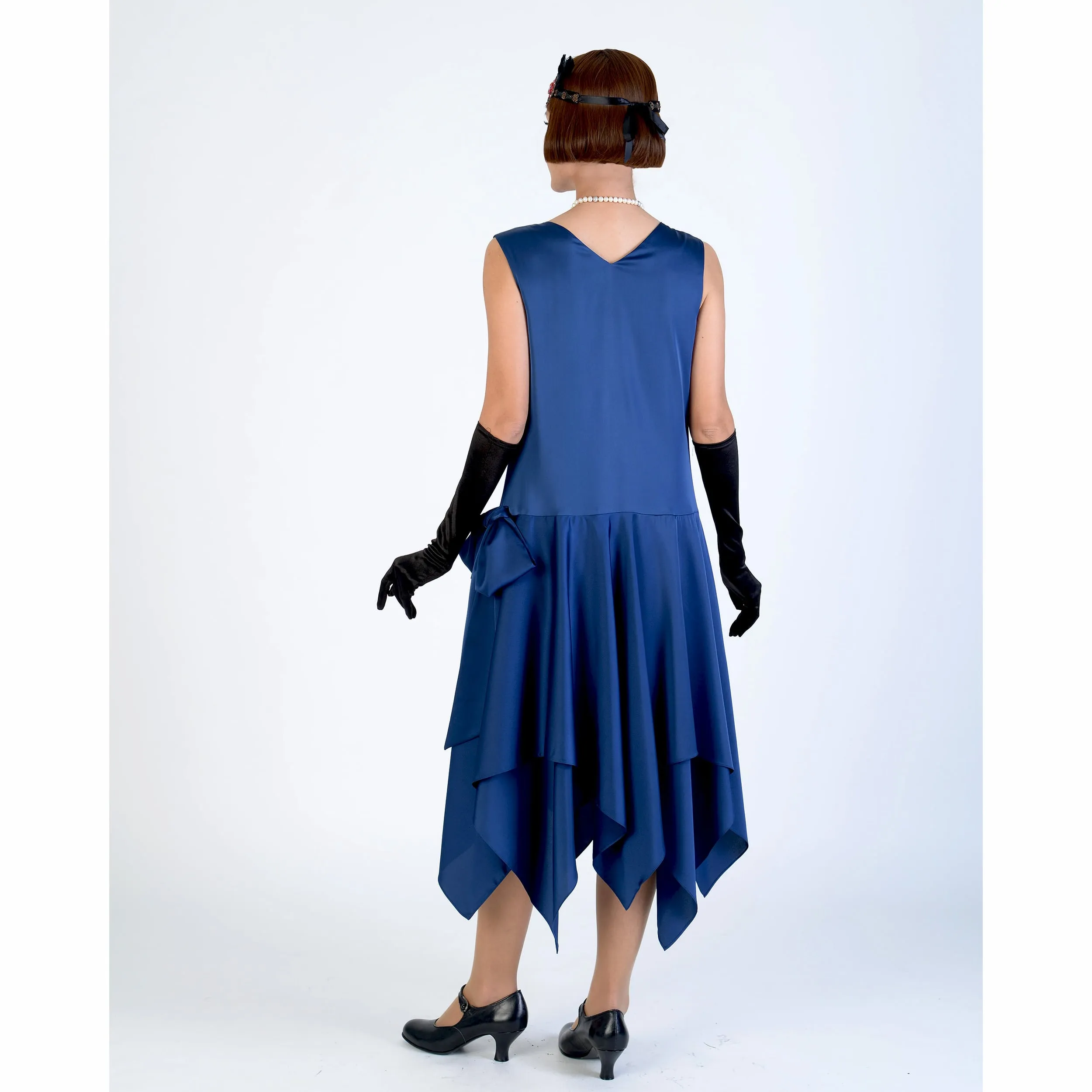 Dark blue satin 1920s evening dress with handkerchief skirt