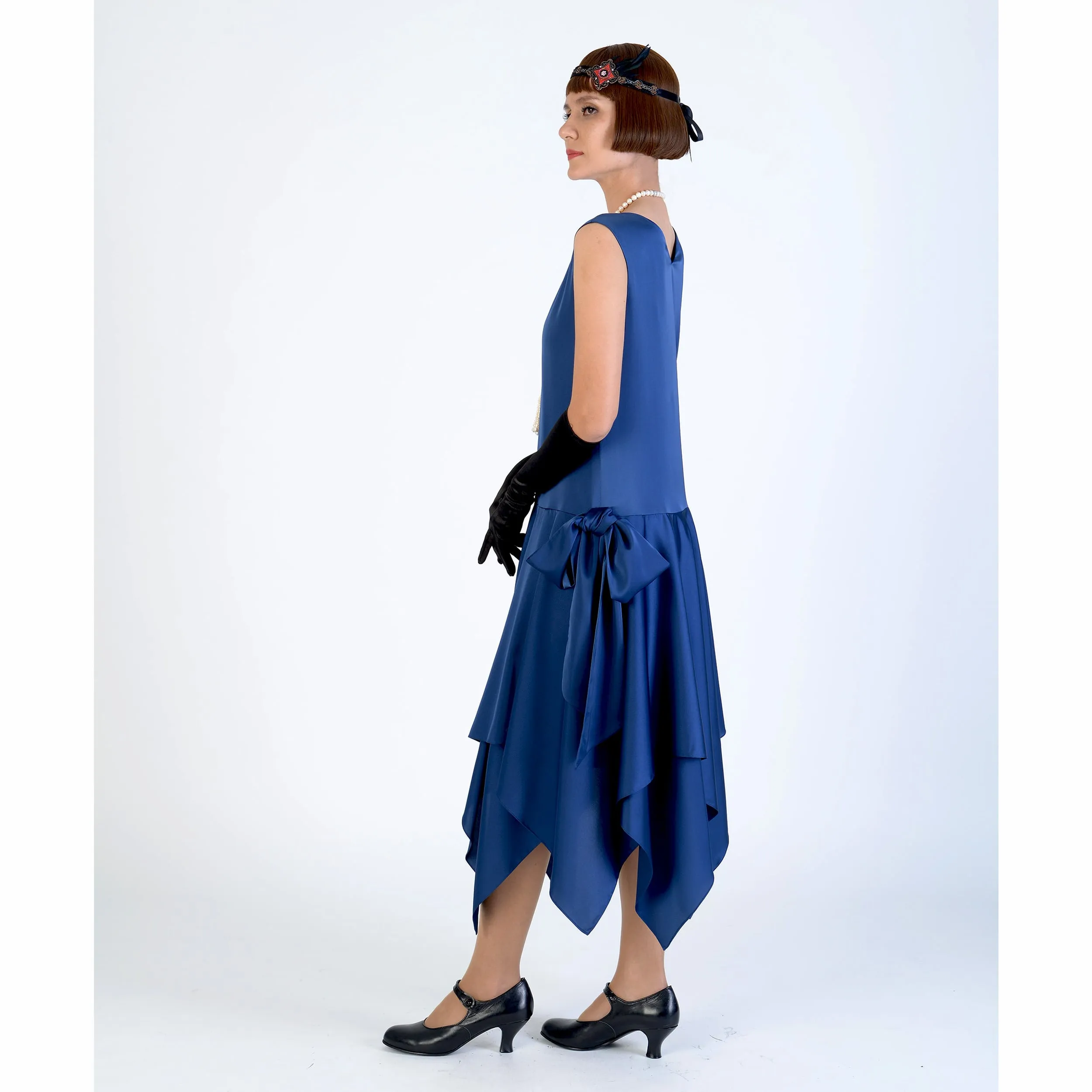 Dark blue satin 1920s evening dress with handkerchief skirt