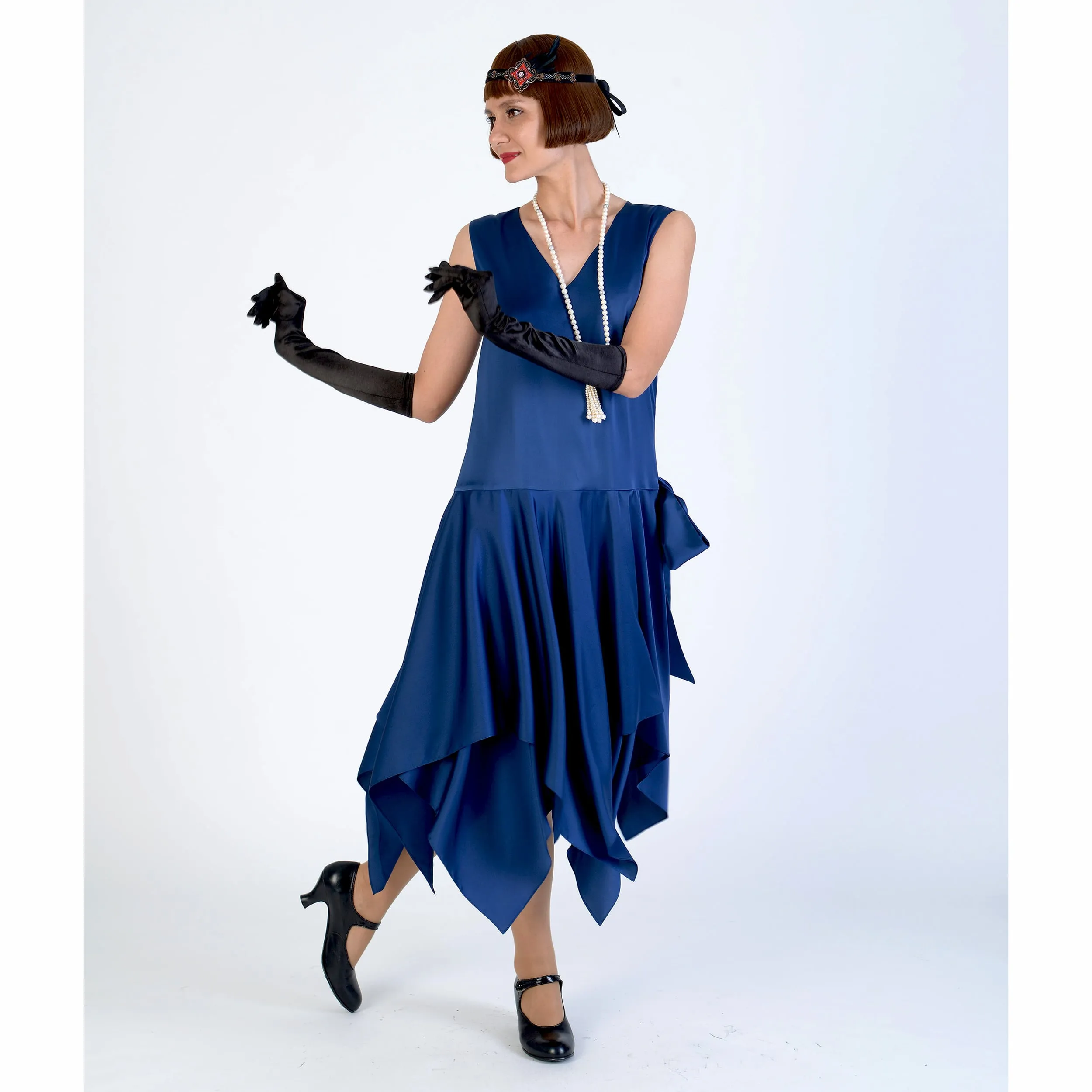 Dark blue satin 1920s evening dress with handkerchief skirt