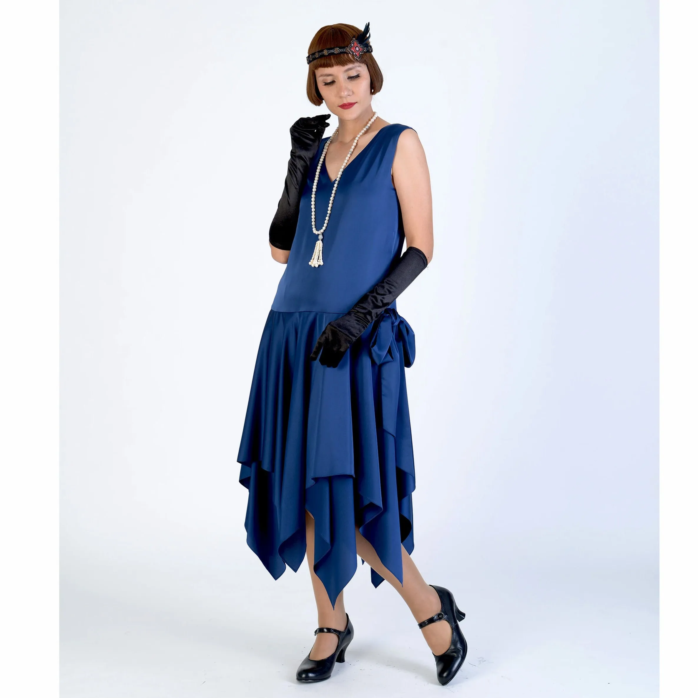 Dark blue satin 1920s evening dress with handkerchief skirt