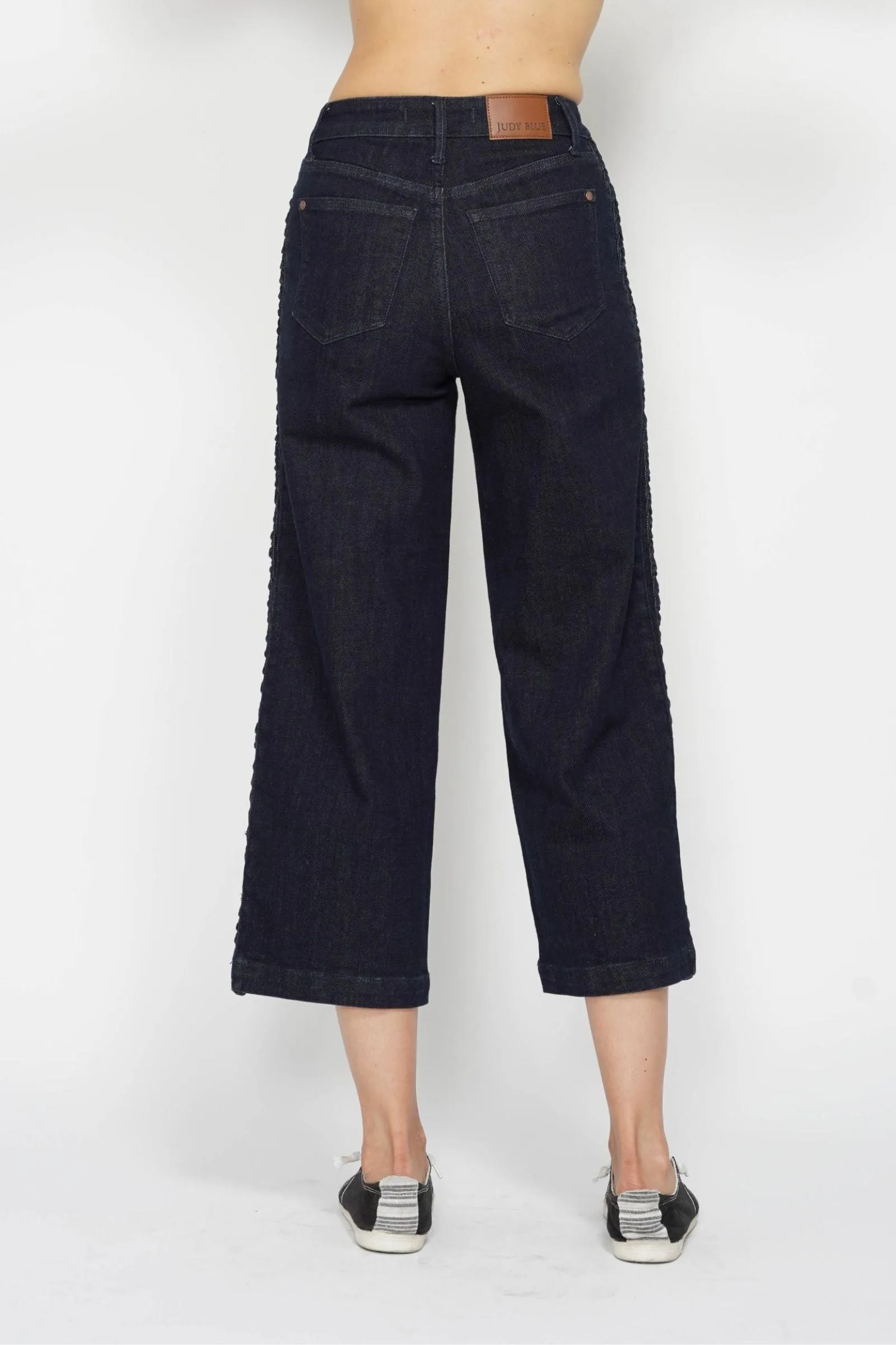 Dark Denim Judy Blue High Waisted Braid Detail Crop Wide Pant