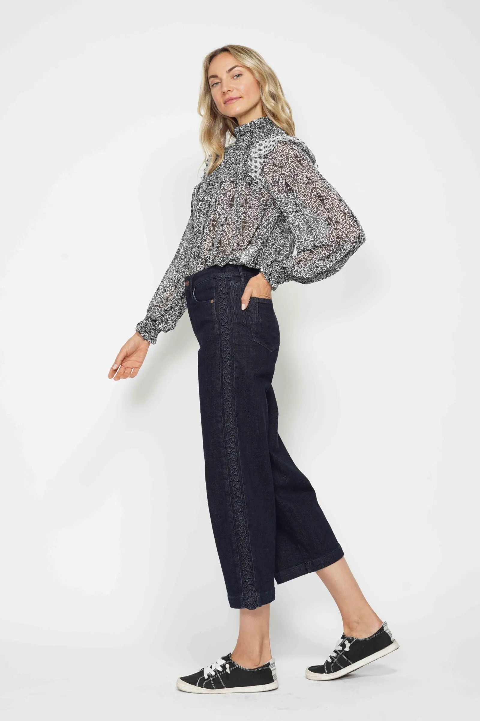 Dark Denim Judy Blue High Waisted Braid Detail Crop Wide Pant