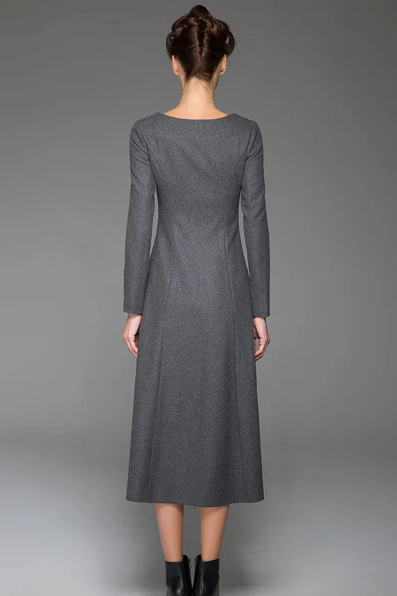 Dark Gray Wool Dress Slim Wool Dress Black Stitching Dress (1442)