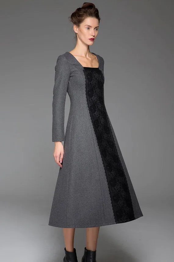 Dark Gray Wool Dress Slim Wool Dress Black Stitching Dress (1442)