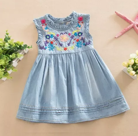 Denim Embroidered Summer Dress, Size 2-6 Yrs