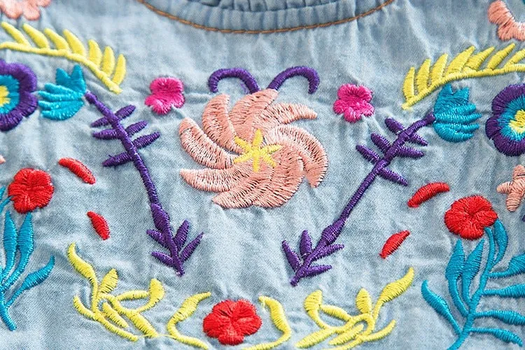 Denim Embroidered Summer Dress, Size 2-6 Yrs