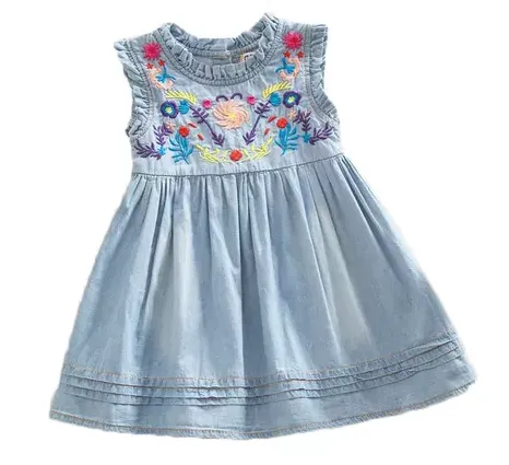 Denim Embroidered Summer Dress, Size 2-6 Yrs