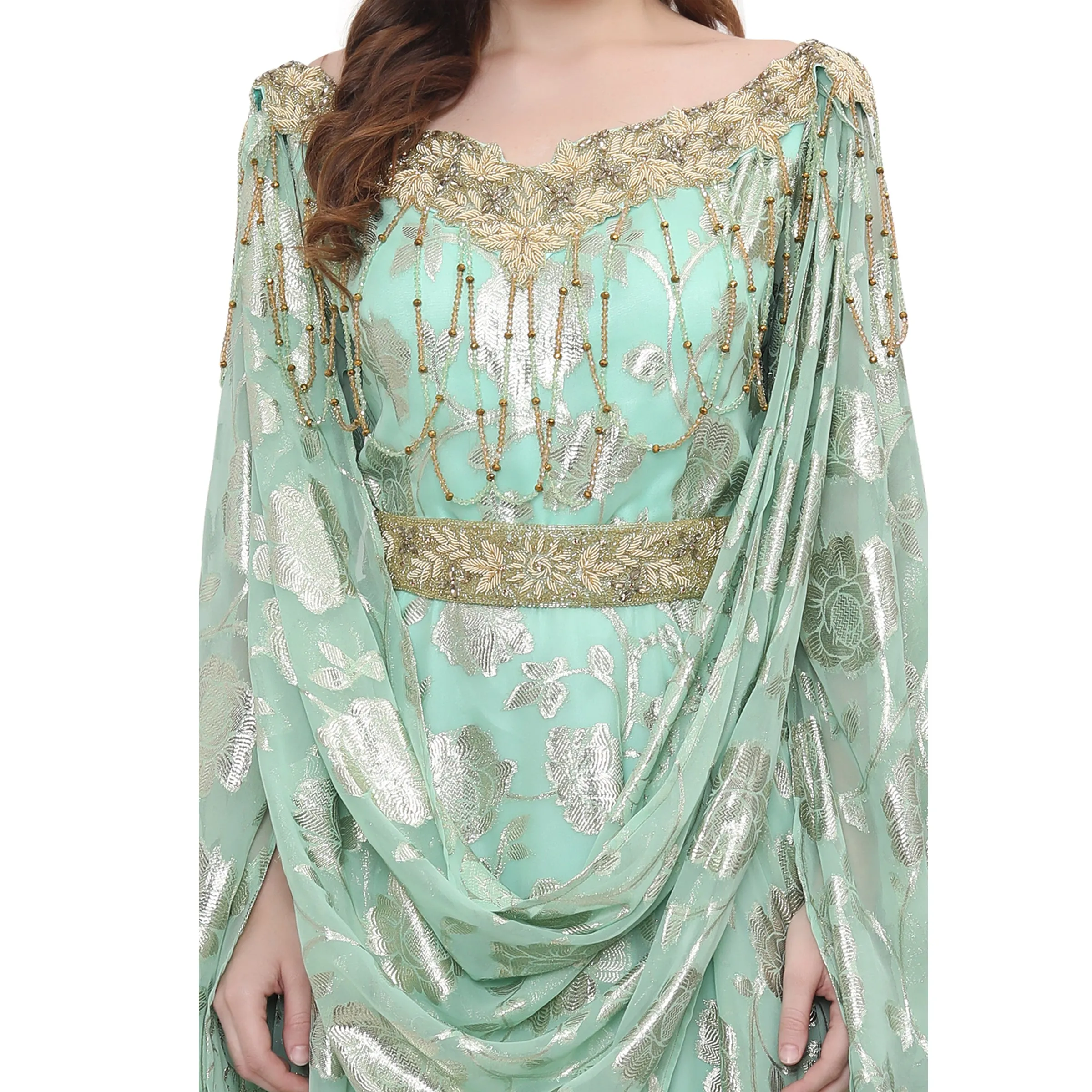 Designer Abaya Kaftan in Printed Embossed Brasso with Tassels