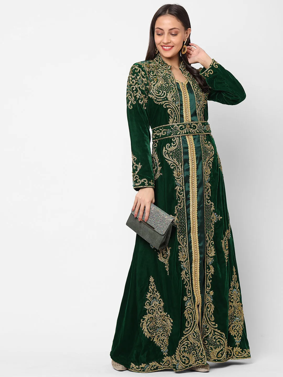 Designer Caftan Wedding Dress in Dark Green Velvet