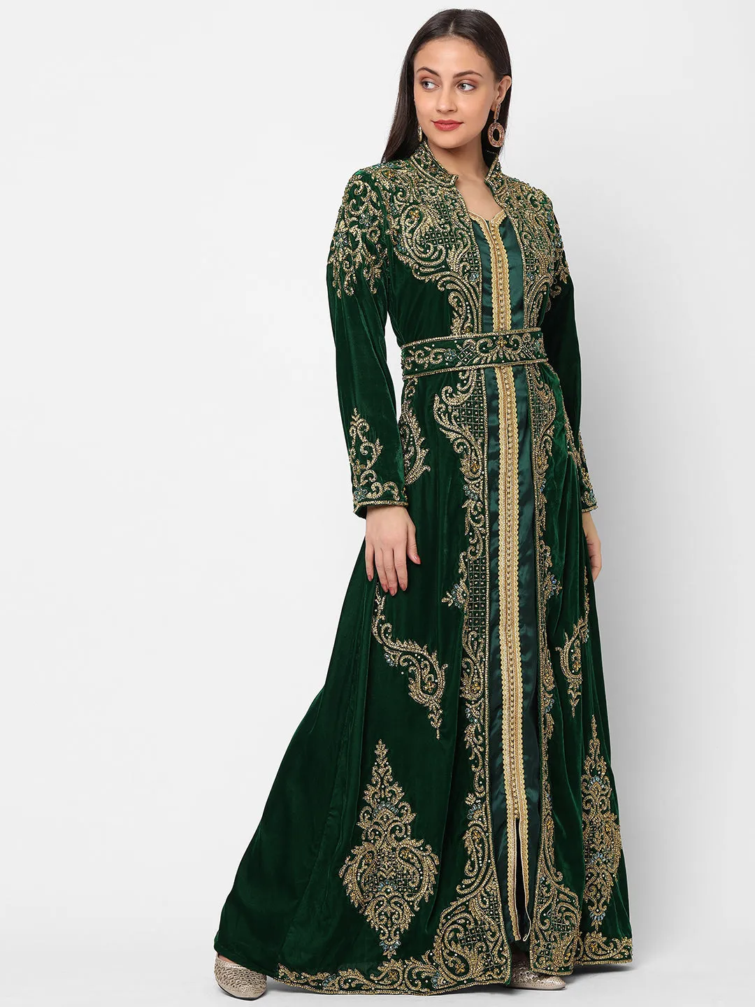 Designer Caftan Wedding Dress in Dark Green Velvet