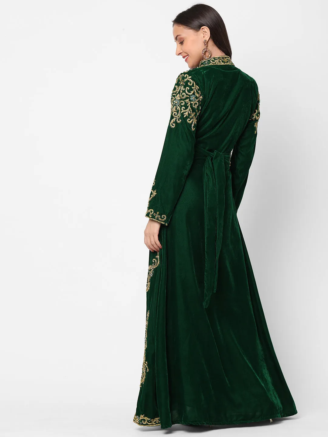 Designer Caftan Wedding Dress in Dark Green Velvet