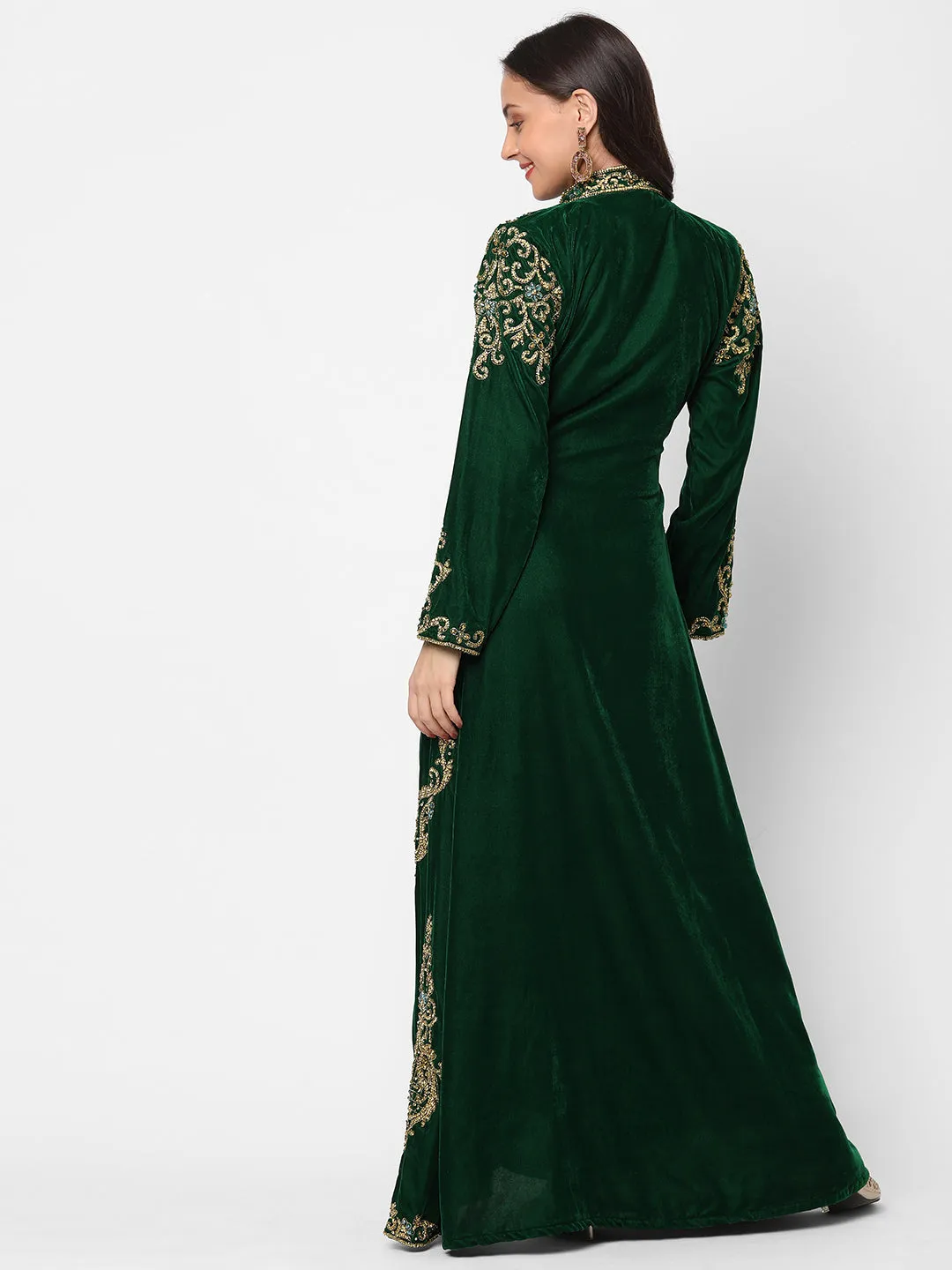 Designer Caftan Wedding Dress in Dark Green Velvet