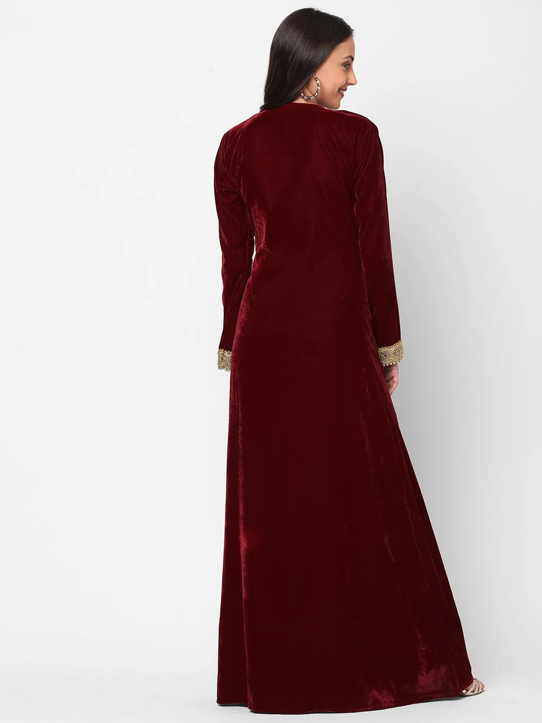 Designer Gown In Velvet Long Sleeve Maxi in Maroon Velvet