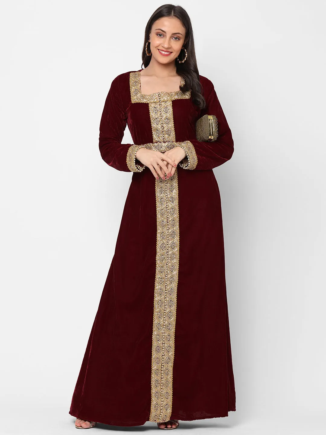 Designer Gown In Velvet Long Sleeve Maxi in Maroon Velvet