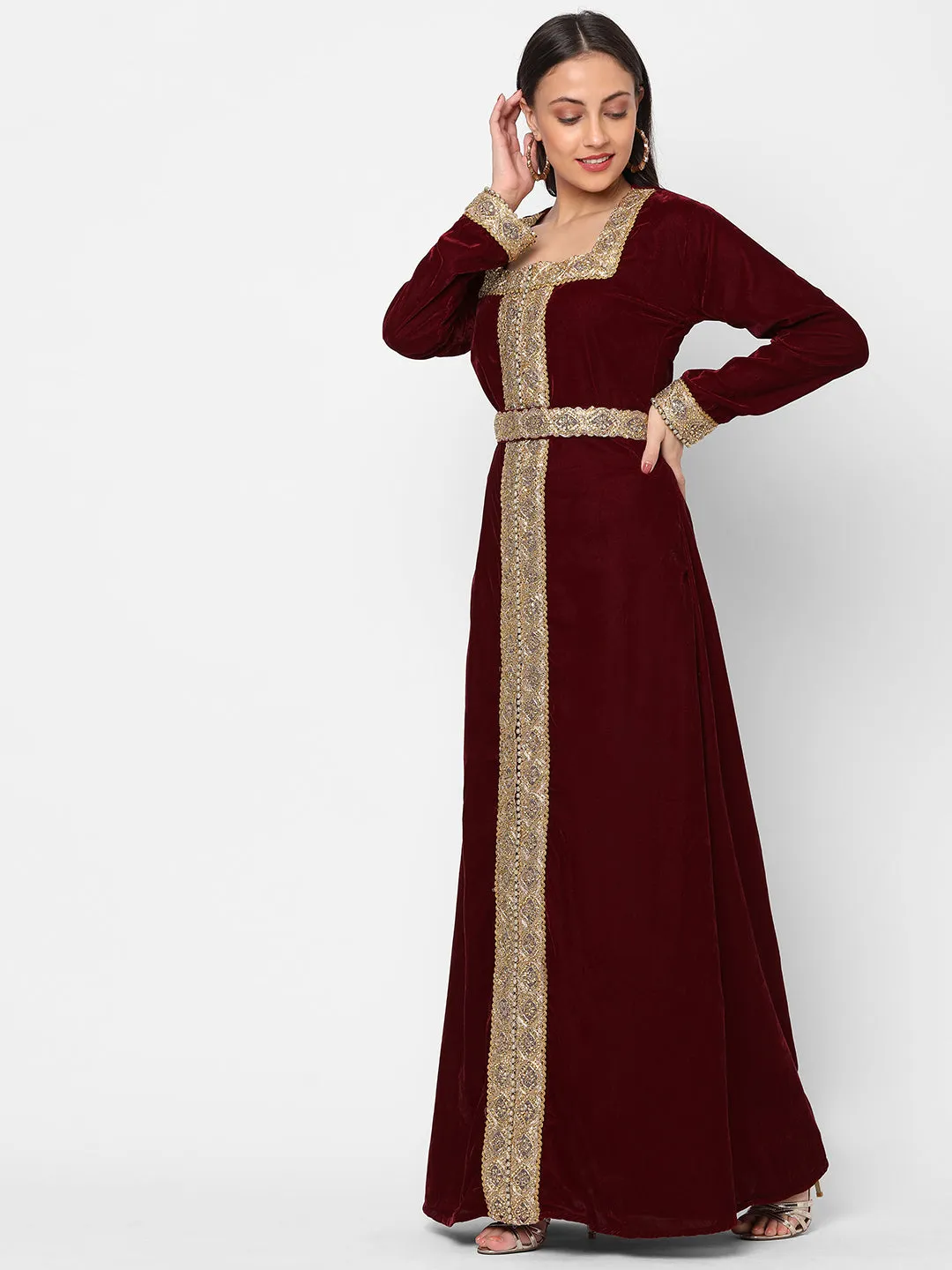 Designer Gown In Velvet Long Sleeve Maxi in Maroon Velvet