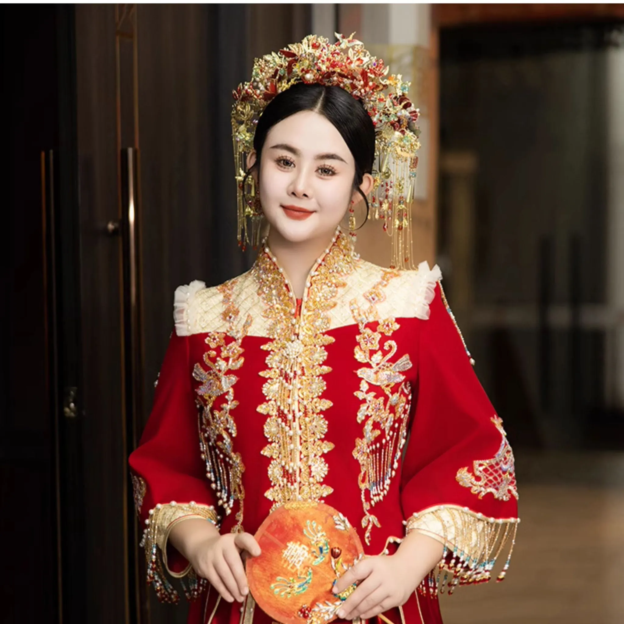 Double Happiness Wine Red with Gold Accents Plus Size Xiuhefu 中式婚纱秀禾服 (Up to 10XL)