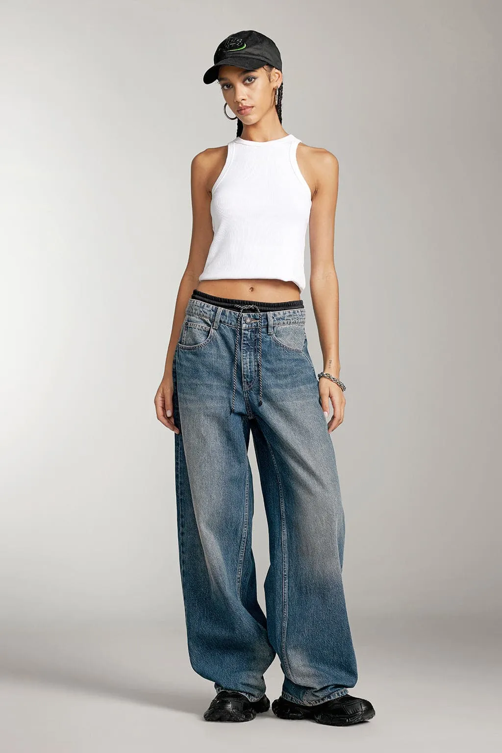 Double Waistband Design Paneled Jeans