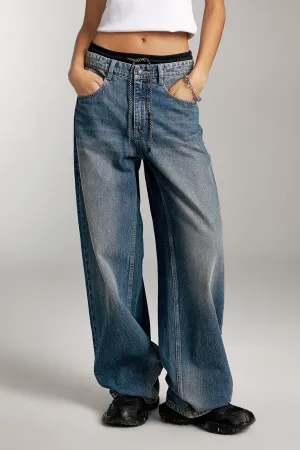 Double Waistband Design Paneled Jeans