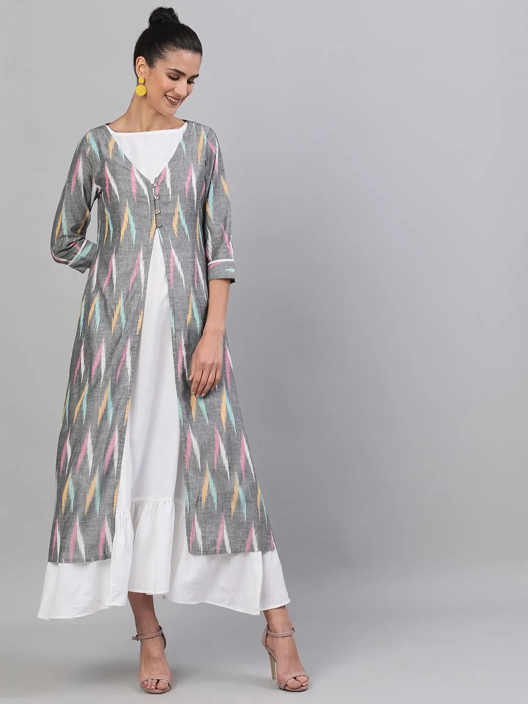 DRESS - Dress-Grey & White, Ikat Handloom